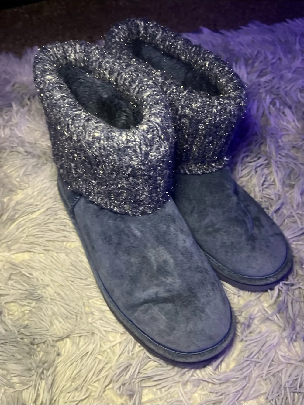 Cozy Women's Lams Fold-Over Knit Cuff Booties - Blue